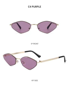 Détails de lunettes de soleil polygonales violettes C4 avec monture en métal doré, vue de face