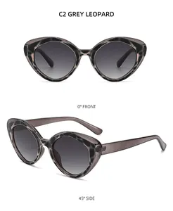 Vistas frontal y lateral de las gafas de sol ojo de gato de leopardo gris con lentes degradadas