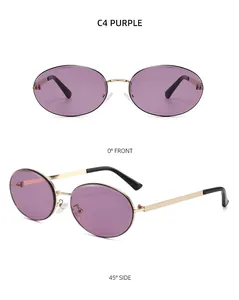 Detailed views of gold oval metal sunglasses with purple lenses from front and side angles