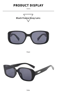 Front and side view of black rectangular sunglasses with stylish metal temple detail