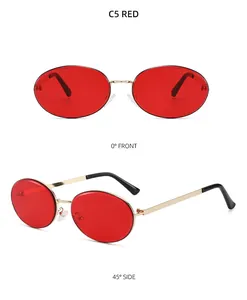 Close-up of red oval metal sunglasses showing the front and 45-degree side view details
