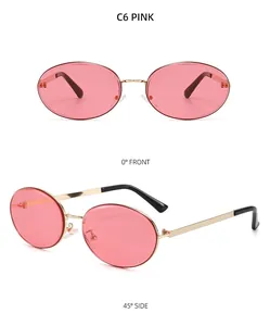 Detailed views of retro oval sunglasses with gold metal frames and pink lenses