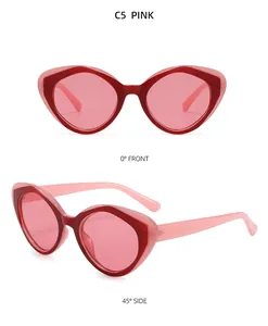 Vista detallada de gafas de sol de ojo de gato rosas con montura bicolor y lentes