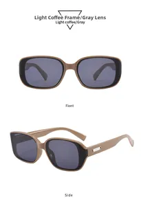 Front and side view of rectangular light coffee sunglasses with silver metal accents