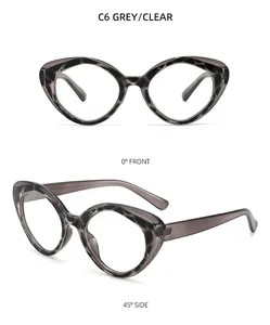 Vistas detalladas frontal y lateral de gafas de sol cat-eye en gris carey con montura clara