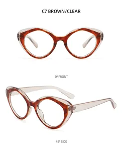 Vistas frontal y lateral de gafas de sol cat eye en acetato marrón y transparente