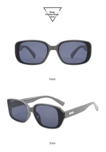 Detailed views of vintage rectangle sunglasses featuring gray frames and metallic temple accents