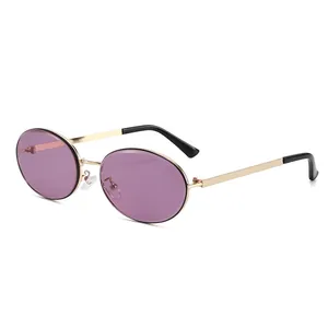 Retro oval sunglasses with purple lenses and slim gold metal frame for women