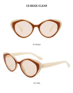 Vista detallada de gafas de sol retro ojo de gato beige con cristales color té