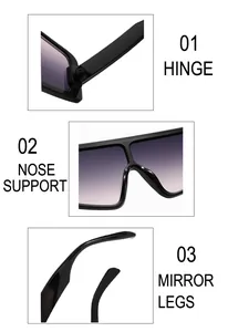 Details von Metallscharnieren, Nasenpads und Bügeln dieser modischen Oversize-Sonnenbrille