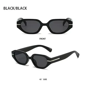 Détails de lunettes de soleil hexagonales noires avec accents argentés, vue de profil