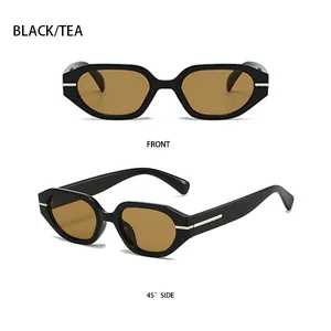 Gros plan de lunettes de soleil géométriques noires avec verres thé et détails métal