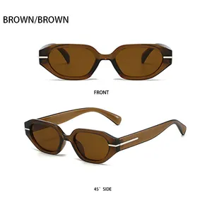 Gros plan de lunettes de soleil marron avec détails métalliques argentés de face et de profil