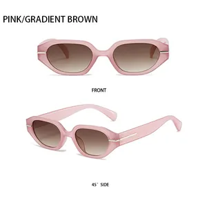 Vue détaillée des lunettes de soleil ovales rétro avec monture rose et verres bruns