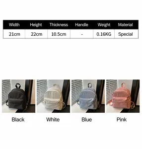 Tabla de tallas detallada para mini mochila mostrando dimensiones y opciones de color