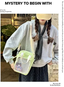 Clear crossbody bag detail view, fashion cute canvas shoulder bag with transparent front pocket.