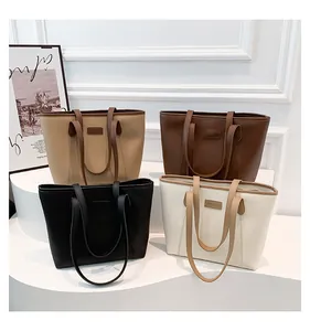 Detailed collection of premium faux leather tote bags in beige, coffee, black, and cream white