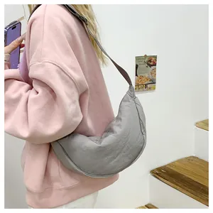 Japanese style grey crescent shoulder bag, casual crossbody dumpling bag for women.