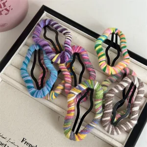 6-piece colorful striped wool knitted BB hair clips with metal base for girls
