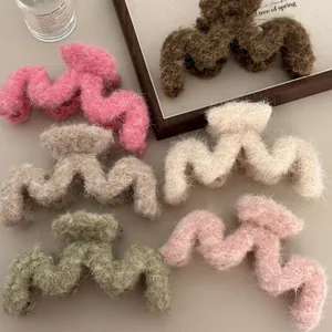 Elegant plush wave hair claws in six soft colors for autumn and winter hairstyles