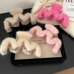 Elegant plush wave hair claws in 4 assorted colors for women in autumn winter