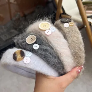 Fluffy mohair padded headband set with vintage buttons in white, grey, beige and brown