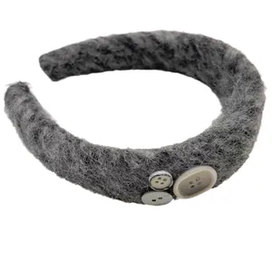 Chic dark grey mohair headband with vintage buttons for women hair styling