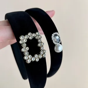 Vintage black velvet headband with square crystal buckle and elegant pearl accents