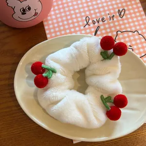 Cute white plush scrunchie with red cherry 3D accents and green leaves for women