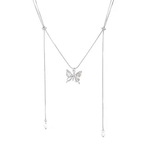 Elegant silver butterfly necklace with double pearl drop pendants on white background