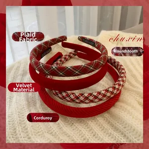 5-piece set of red velvet, plaid, and houndstooth wide headbands for women