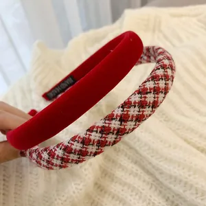Velvet red headband and classic plaid hair hoop set for autumn and winter fashion
