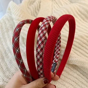 Red plaid and velvet headband set for women, autumn winter hair accessories kit