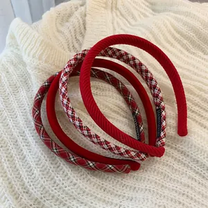 Women Red Wide Brim Headband High Top Winter Fall Hair Hoop Plaid Velvet Tweed Handmade Hair Accessories Gift