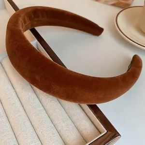 Padded brown velvet headband in Maillard style with retro high-top minimalist design