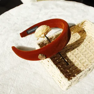 Caramel velvet headband with gold rose accent, vintage padded French hair accessory