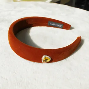 Maillard style velvet heart headband with rhinestones in caramel orange finish