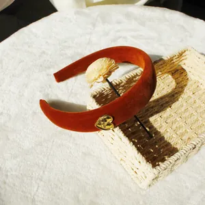 Brown velvet padded headband with golden heart charm for high skull top hairstyle
