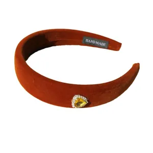 Maillard orange velvet headband with rhinestone heart crystal for women hair accessories