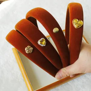 Maillard caramel velvet headband set with vintage diamond heart and floral metallic accents