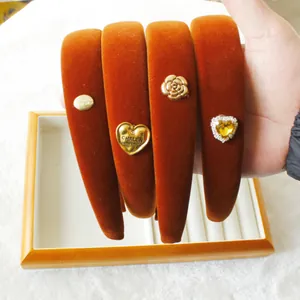 Velvet headbands in caramel brown with crystal heart and gold charms for women
