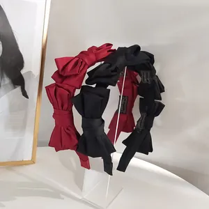 French style satin bow headband in wine red and black with handmade label detail