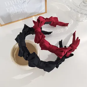 French vintage pleated headband with 3D bows in elegant deep red and black satin