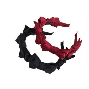 French style vintage burgundy and black layered bow headbands for women with a matte texture