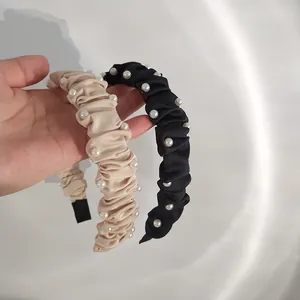 Serre-têtes élégants à perles nouées en tissu de soie noir et beige accessoires cheveux