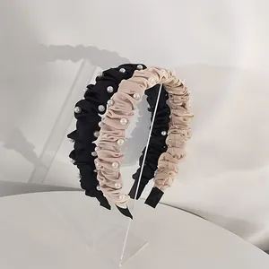 Serre-têtes nœuds perles noir et beige en tissu plissé avec perles pour femmes
