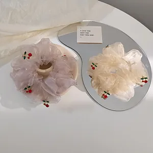 Tulle mesh scrunchies with cherry pendants in purple and cream white set of 2