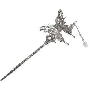 Elegant silver butterfly hair pin with wheat pearl tassel for modern hanfu hairstyle