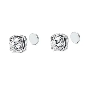 Close-up of magnetic zircon studs with a polished silver finish and 4-prong setting