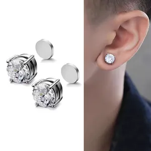 Pair of magnetic zircon stud earrings with classic four-prong setting for non-pierced ears